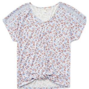 Como Vintage Blue Floral Knit Peasant Top Front Waist Knot Shirt XXl NWT